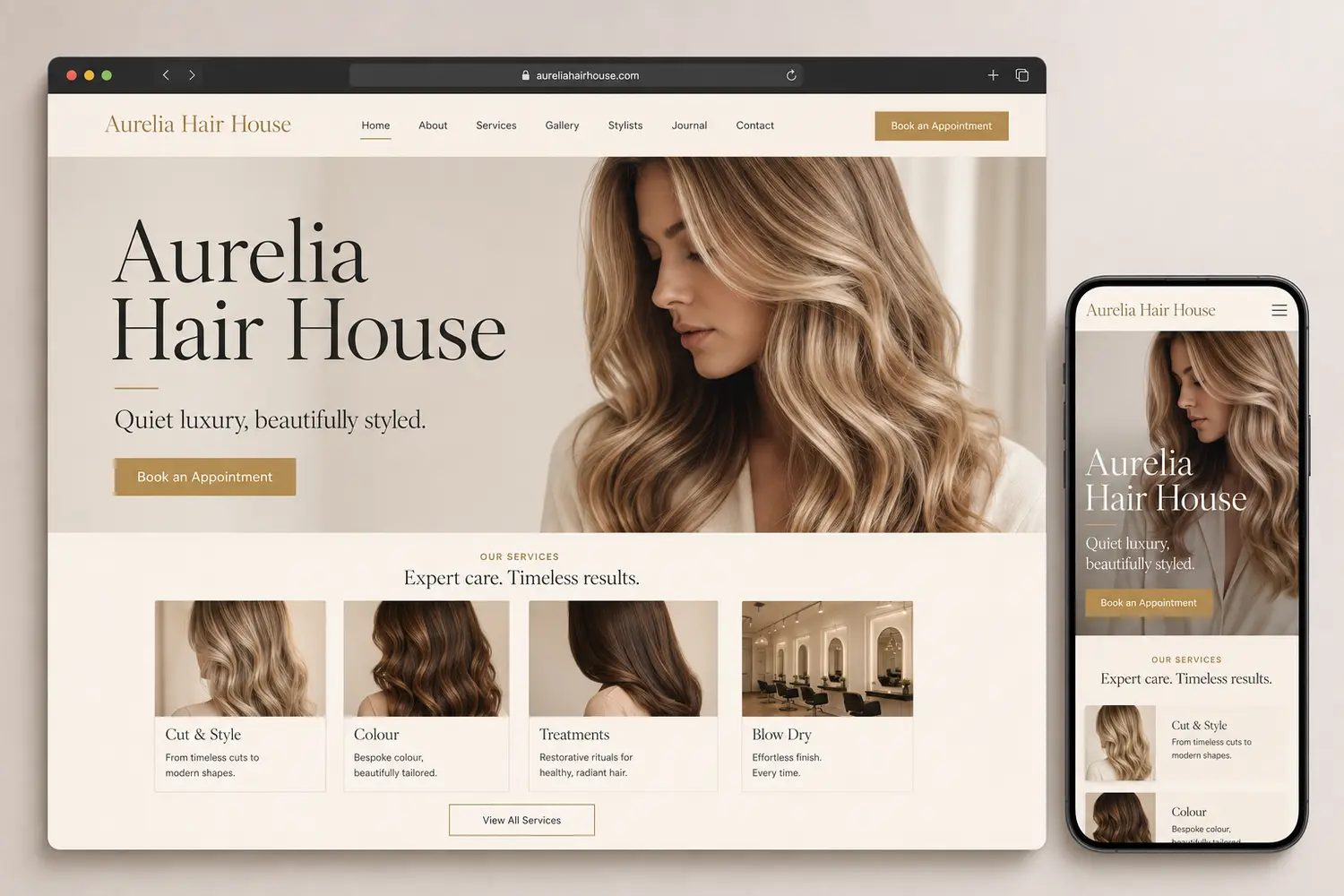 Fictional Aurelia Hair House luxury salon website concept by IVIX Studio