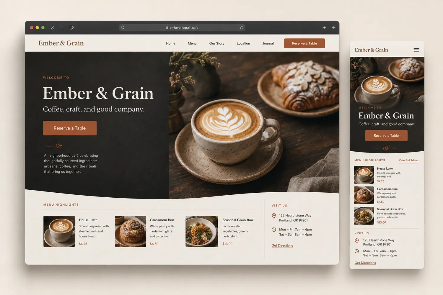 Fictional Ember and Grain café website concept by IVIX Studio